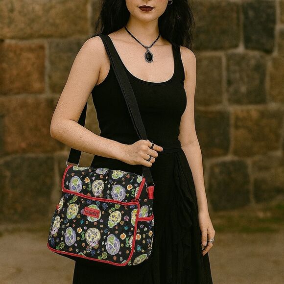 Vtg Unionbay Sugar Skull Book Bag Tote Day Of The Dead Dia De Muertos Goth Blue - Picture 1 of 15